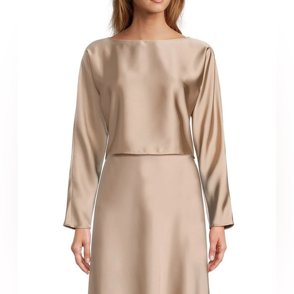 Antonio Melani Blyss Drapey Satin Boat Neck Long Sleeve Champagne Blouse Size L - Picture 2 of 10